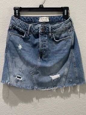 We The Free Light Blue Distressed Denim Mini Skirt